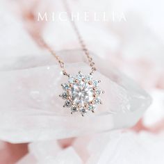 Our current turnaround time for regular orders is 6-8 weeks. For urgent orders, please shop our Ready-to-Ship collection below (7-10 business days): https://michellia.com/collections/ready-to-ship (please copy and paste into browser) -------- 「Rosalie」- Vintage Bloom Necklace, in Forever One Moissanite | N4009 ♥ Product Summary ♥ Main Stone: Forever One Moissanite, Round Faceted Cut, 6mm*6mm Accent Stone: Genuine Diamonds, G color, VS clarity Metal Choice: 14K or 18K Solid Gold (Rose, White, or Delicate Rose Gold Diamond Necklace For Wedding, Rose Gold Diamond Necklace With Brilliant Cut For Wedding, Rose Gold Brilliant Cut Diamond Necklace For Wedding, Dazzling Rose Gold Diamond Necklace For Weddings, Rose Gold Diamond Necklace For Wedding, Rose Gold Fine Jewelry Diamond Necklace For Wedding, Dazzling Rose Gold Bridal Necklace For Formal Occasions, Delicate Rose Gold Jewelry With Halo Setting, Wedding Jewelry With Cubic Zirconia Flower Pendant