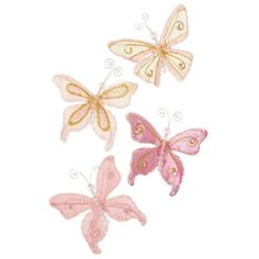 three pink and gold butterflies on a white background