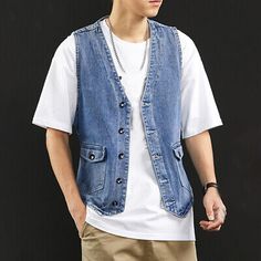 Great Shopping Mens Casual Denim Waistcoat Vest Sleeveless Jean Jackets Work Coat Retro Outwear, Mens Coats Jackets Denim Vest Men, Vest Outfits Men, Sleeveless Jean Jackets, Denim Waistcoat, Denim Jorts, Work Coat, Y2k Men, Jean Vest, Men's Coats & Jackets