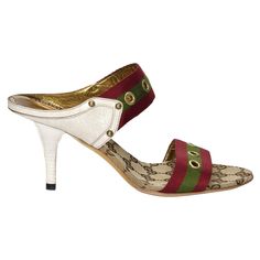 Gucci Heels Brand New * Gucci GG Beige Logo Footbed * Red & Green Gucci Canvas Straps * Euro Size: 37 * Gold Grommets * Gold Bullets * Cream Leather Accents * 3.25" Heel * With Box, Dust Cover & Heel Tips Runway Heels, Tennis Shoe Heels, Green Gucci, Tom Ford For Gucci, Chic High Heels, Mules Heels, Ballerina Heels, Lucite Heels, Car Shoe