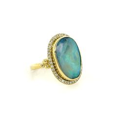 Mazza Opal & Diamond Ring In 18K Yellow Gold. The Ring Features A 8.10Ct Opal With A Halo Of 0.21Ctw Of Round Diamonds. Ring Size 7. Luxury Jewelry Store, Opal Diamond Ring, Diamonds Ring, Ring Size 7, Yellow Gold Rings, Estate Jewelry, Earring Necklace, Ring Necklace, Luxury Jewelry