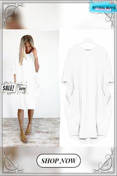 Women's Casual Loose Pocket Long-sleeved Plus-size Dress Spring Crew Neck Dress With Pockets, Summer Dresses With Pockets And Crew Neck, Casual Oversized Half-sleeve Dress, Oversized Half Sleeve Casual Dress, Casual Oversized Half Sleeve Dress, Solid Color Summer Dresses With 3/4 Sleeves, Summer Dresses With 3/4 Sleeves In Solid Color, White Long Sleeve Dress With Pockets, Oversized Crew Neck Dress For Spring