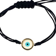 18k Solid Yellow Gold and Corian Evil Eye with Adjustable Black or Red Cord bracelet up to 8 inches Adjustable Cord Bracelet, Round Evil Eye, Evil Eye Design, Symbol Of Protection, Bring Good Luck, Id Bracelets, Cord Bracelet, The Evil Eye, Eye Bracelet