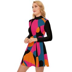 Dive into the mesmerizing world of 60s fashion with our Abstract Op Art Mod Dress. This GOGO Dress is a stunning representation of the iconic Mod style, featuring a vibrant and artistic pattern in shades of blue, pink, black, and orange. The abstract geometric design adds a touch of avant-garde flair, making it a standout piece for any vintage enthusiast. The mini dress silhouette pays homage to the energetic and free-spirited vibes of the 60s, creating a perfect blend of retro and contemporary Mod Style A-line Dress With Retro Print, Retro Print Mini Mod Dress, Mod Style Retro Print Mini Dress, Retro Multicolor A-line Dress, Fitted Retro Mini Dress With Retro Print, Mod Mini Dress With Retro Print, Retro A-line Mini Dress With Print, Mod A-line Dress With Retro Print, Multicolor Geometric Mini Dress