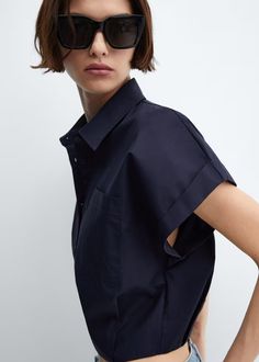 100% cotton crop shirt - Women | Mango USA Shiny Dresses, Flowy Shirt, Wool Overcoat, Linen Blend Shirt, Fashion Joggers, Crop Shirt, Striped Knit, The Philippines, Dark Navy