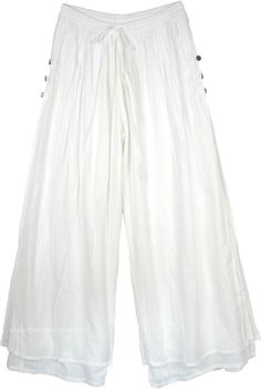 A relaxed pair of solid white colored palazzo pants for the summer season.  These pants are double layered in the same fabric and color. #tlb #SplitSkirtsPants #XLPlus #Misses #beachwrap #Solid #whiteleglinenpants #whitecottontrousers #whitesummerpantsincotton White Harem Pants For Summer Vacation, White Cotton Wide Leg Pants For Summer, White Harem Pants For Spring Vacation, Wide Leg Beach Bottoms With Buttons, White Cotton Harem Pants For Vacation, Spring Cotton Wide Leg Pants With Buttons, Cotton Wide Leg Pants With Buttons For Spring, Spring Wide Leg Cotton Pants With Buttons, White Cotton Wide Leg Pants For Vacation