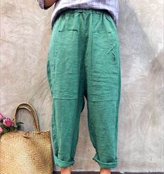 simplelinenlife-Linen-Summer-Wide-Legs-Women-Casual-Pants Comfortable Green Bottoms With Relaxed Fit, Comfortable Green Ankle-length Pants, Comfortable Green Bottoms For Spring, Comfortable Green Spring Bottoms, Relaxed Baggy Harem Pants For Spring, Relaxed Green Bottoms With Pockets, Comfortable Solid Color Spring Harem Pants, Comfortable Solid Color Harem Pants For Spring, Relaxed Green Summer Pants