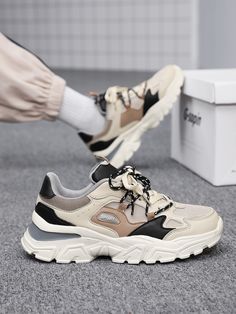 Men's Minimalist Mesh Contrast Contrast Color Double Strap Thick Sole Casual Sneakers, Fashionable Versatile Sporty Breathable Comfortable Daily & Outdoor Running Shoes Beige         Men Shoes, size features are:Bust: ,Length: ,Sleeve Length: Plateau Sneaker, Beige Sneakers, Chic Boots, Stylish Heels, Old School Style, Men's Athletic Shoes, Chunky Shoes, Dad Shoes, Sole Sneakers