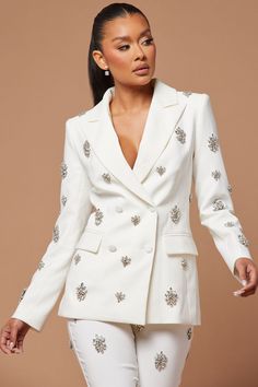 Verona Embellished Jacket - White | Fashion Nova, Luxe | Fashion Nova Embellished Blazer, Party Jackets, Embellished Jacket, Pantsuits For Women, African Print Fashion, Long Sleeve Blazers, Leather Blazer, Luxe Fashion, Suit Fashion