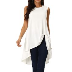 Perfect for both day and evening occasions, these blouses add a touch of elegance and style to any wardrobe. Made with soft fabric, this top ensures all-day comfort without compromising on style. Suitable for casual, holiday, beach, vacation, party, club, photo, dating, home, etc. A sleeveless high-low top for summer matches with any pants, high-waist jeans, leggings, and shoes like sandals, or heels. Casual Sleeveless Solid Color Blouse, Summer Asymmetrical Hem Solid Color Blouse, Asymmetrical Hem Solid Color Summer Blouse, Spring Solid Color Sleeveless Blouse, Summer Blouse With Asymmetrical Hem, Sleeveless Solid Color Tops For Spring, Spring Sleeveless Solid Color Tops, Cotton Sleeveless Tops, Chic Sleeveless Non-stretch Blouse