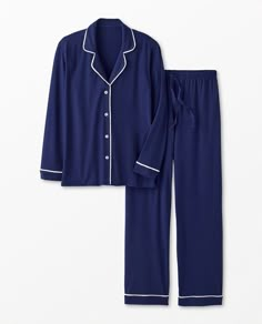 Buttery-soft and breathable, our eco-friendly pajamas with TENCEL™ Lyocell offer cool, seasonless comfort. • Hypoallergenic & eczema-friendly • Sensory-friendly scratch-free seams that lay flat on the skin • Like new wash after wash • OEKO-TEX® STANDARD 100 certified safe from hundreds of harsh chemicals 94% TENCEL™ Lyocell/6% Spandex stretch jersey knit Relaxed fit Button front Decorative piping Encased elastic waistband with adjustable drawcord OEKO-TEX® STANDARD 100 | Imported. Adult, SHOP BY DEPARTMENT, Women. | Women's Long Sleeve Pajama Set in HannaSoft™ - Size XXL - Navy Blue - Hanna Andersson Chose Your Outfit, Navy Pajamas, Navy Blue Pajamas, Blue Pajamas, Button Up Pajamas, Cute Pjs, Sensory Friendly, Navy Blue Long Sleeve, Cotton Sleepwear