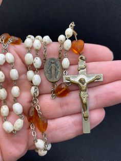 Great vintage rosary! In fair vintage condition! Vintage Cross Jewelry With 8mm Beads, Vintage Cross Necklace With 8mm Beads, Vintage Cross Necklaces With 8mm Beads, Vintage Beaded Crucifix Jewelry, Bohemian Beaded Cross Rosary, Vintage Beaded Rosary As Gift, Vintage Rosary With Round Beads As Gift, Vintage Rosary, North Beach