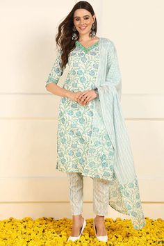 White & Blue Cotton Floral Print Straight Shape Suit Set with Dupatta Blue Floral Print Palazzo Set For Spring, Spring Blue Floral Print Palazzo Set, Green Festive Pant Set For Spring, Fitted Green Floral Print Palazzo Set, Traditional Green Pant Set For Spring, Green Long Sleeve Anarkali Set With Floral Print, Green Anarkali Set With Floral Print And Long Sleeves, Anarkali Sets With Floral Print And V-neck, Green Floral Print Long Sleeve Anarkali Set