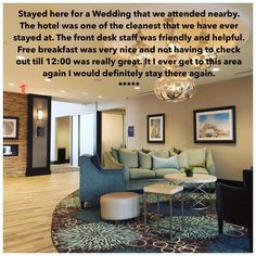 a living room filled with furniture and a quote about staying there for a wedding that was attended nearby