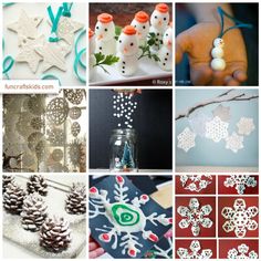 the collage shows many different crafts and activities to do with snowflakes, pine cones