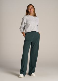 About Our Flat Front Wide Leg Dress Pants for Tall Women Ultra-flattering and easy to wear, these women's tall dress pants are a closet essential. They feature a smooth front with a contoured waistband for a complimentary finish. Pleated accents at the front and back elongate your legs and make them easy to wear from the desk to dinner. Built with a stretch-infused polyester-viscose blend, these pants for tall women offer the sleek feel of a suit with the comfort of a lounge pant. An elastic at Pants For Tall Women, Womens Winter Pants, Pleated Dress Pants, Tall Dress, Slacks For Women, Tall Dresses, Tall Pants, Wide Leg Dress Pants, Winter Work