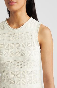 A mix of pointelle stitches adds breezy visual appeal to this fitted, midi-length sweater-dress. 46" length (size Medium) Slips on over head Crewneck Sleeveless Lined 74% cotton, 26% nylon Hand wash, dry flat Imported White Textured Knit Dresses For Spring, White Textured Knit Fitted Dress, White Sleeveless Crochet Knit Dress, Sleeveless Beige Pointelle Knit Dress, White Pointelle Knit Dress, Beige Sleeveless Pointelle Knit Dress, Sleeveless Textured Knit Dress, White Pointelle Knit Crochet Dress, White Fitted Knit Crochet Dress