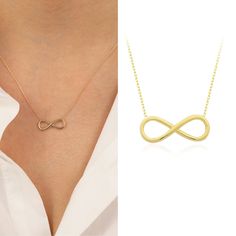 "The 14k Gold Infinity Necklace is the ultimate statement piece for any jewelry collection. Crafted with the finest materials, this necklace boasts a timeless design that will never go out of style. The infinity symbol represents endless love and commitment, making it the perfect gift for that special someone in your life. The 14k gold construction adds a touch of luxury and sophistication, ensuring that this necklace will be treasured for years to come. The sleek and elegant design is versatile Dainty Infinity Necklace For Anniversary, Minimalist Infinity Clavicle Chain Necklace, Minimalist White Gold Infinity Necklace, Infinity Jewelry For Mother's Day, Minimalist Infinity Necklace In White Gold, Minimalist Gold Infinity Necklace, Minimalist Infinity Gold Necklace, Minimalist Infinity Necklace For Everyday, Gold Infinity Jewelry Gift For Her