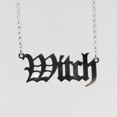 Gothic Witch Nameplate Necklace in Sterling Silver - Old English Blackletter – Nyxturna Symbolic Sterling Silver Engraved Charm Necklaces, Silver Pendant Name Necklace, Custom Name Silver Jewelry In Stainless Steel, Silver Stainless Steel Custom Name Jewelry, Silver Nickel-free Nameplate Necklace, Meaningful Sterling Silver Nameplate Jewelry, Silver Engraved Name Necklace, Silver Engraved Metal Name Necklace, Silver Stainless Steel Necklace For Personalized Gift