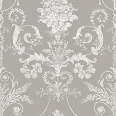 a gray and white wallpaper with an ornate design