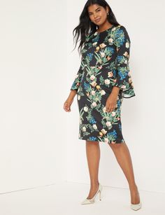 Flare Sleeve Scuba Dress | Women's Plus Size Dresses | ELOQUII Fitted Floral Print Bell Sleeve Dresses, Fitted Floral Print Dress With Bell Sleeves, Elegant Floral Print Dress With Bell Sleeves, Ruffle Sleeve Stretch Dresses For Work, Stretch Ruffle Sleeve Dresses For Work, Fitted Dress With Pleated Bell Sleeves, Fall Bell Sleeve Dresses For Workwear, Bell Sleeve Midi Dress For Work, Fall Fitted Midi Dress With Ruffle Sleeves