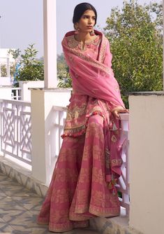 Rar Studio-Pink Chanderi Sharara Set-INDIASPOPUP.COM Salwar Neck Designs, Punjabi Salwar, Organza Lehenga, Indian Designer Suits, Indian Party, Indian Party Wear, Desi Clothes, Fabulous Clothes, Sharara Set