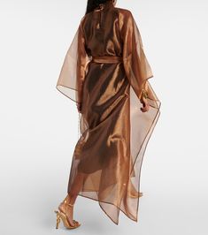 Mirage crêpe kaftan in brown - Taller Marmo | Mytheresa Elegant Belted Silk Kimono, Elegant Silk Belted Kimono, Silk Maxi Kaftan For Evening, Luxury Silk Kaftan For Party, Silk Maxi Length Kaftan For Evening, Silk Long Sleeve Kaftan For Formal Occasions, Long Satin Kaftan For Evening, Formal Long Sleeve Silk Kaftan, Elegant Evening Kaftan For Spring