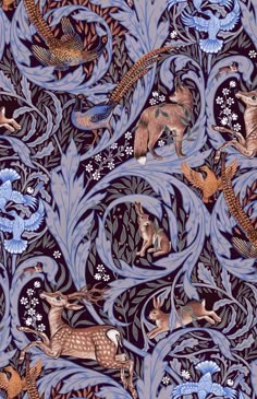 an intricately designed wallpaper with birds and deers in blue, brown, and white colors