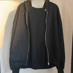 Shein Zip Up Solid Black Jacket Size Large Nwot Black Zip Up Hoodie Aesthetic, Black Long Sleeve Hooded Jacket With Zipper, Black Zip Up, Thrift Basics, Mk Cosplay, Baggy Clothes Aesthetic, Black Zip Up Sweater, Wishlist Clothes, Brown Sweaters