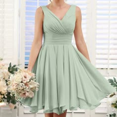 Questions? Leave A Comment Below! Knee Length Light Green Dress, Bridesmaid Dresses Short Sage Green, Dusty Sage Bridesmaid Dresses Short, Middle School Formal Dresses Green, Mint Green Dress Teen, Short Chiffon Bridesmaid Dress, Teenage Bridesmaid Dresses Short, Short Pastel Bridesmaid Dresses, Chiffon Dresses Midi For Juniors