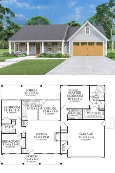 the floor plan for this ranch style home is shown with two garages and one living area