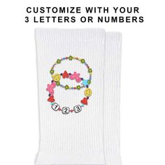 Channel your inner TS style with our Eras Tour-inspired socks—an absolute delight for every Swiftie! You can personalize the bracelet beads with your own letters or numbers, making each pair uniquely yours. Collect a pair or two for a mix-and-match sock exchange with friends—celebrate your love for Taylor Swift in style and share the joy!Available in 3 standard sizes - Please see the sizing chart in the product images for details.Cotton blend socks with a 1/2 cushion sole, ribbed leg, and comfort toe seam.- Machine wash warm, tumble dry warm. Do not use bleach products as this may cause the design to fade. Socks are sold by the pair.- Each order is hand processed in the USA and our socks are imported and made to our specifications. We're a women owned business too! - We use a patented prin Personalized White Socks Gift, Customizable White Socks As Gift, Customizable White Socks For Gifts, Customizable White Socks For Gift, Handmade White Socks As Gift, Handmade White Socks For Gifts, Handmade White Socks For Gift, Socks Exchange, Women Owned Business