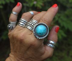 "BLUE TURQOISE RING ---- Handcrafted and set in oxidized  STERLING SILVER --- Boho Chic Style ROUND SHAPED STONE --- US Women's Size 7.75   SPRING WATER BLUE   ARTISAN MADE BABY BLUE COLORED TURQUOISE STATEMENT RING -- A unique and one-of-a-kind turquoise ring that has been framed in a freeform setting of handcrafted oxidized sterling silver that is typical of the jewelry artist.  This piece of wearable art jewelry has been signed and dated by the jewelry artist ~ 2022.   SIZE 7.75 (7 3/4) | SOL Turqoise Ring, Ring Blue Stone, Turquoise Statement Ring, Vero Beach Fl, Wearable Art Jewelry, Blue Stone Ring, Jewelry Artist, Water Blue, Ladies Ring