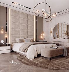 a bedroom with a large bed and a chandelier hanging from the ceiling