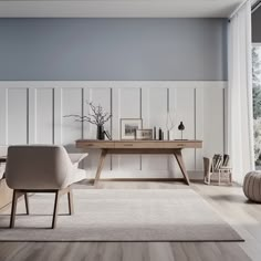 a living room with white walls and wooden furniture in the center, along with an area rug on the floor