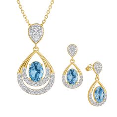 A beautiful necklace and earring set you were born to wear!Breathtaking 14kt gold-plated necklace and FREE earrings showcase shimmering teardrops set with simulated diamonds and a crystal birthstone.Radiant with 33 simulated diamonds in the pendant and 22 glowing treasures in each of the FREE matching earrings.A majestic oval crystal birthstone is cradled in the center of each chic simulated-diamond creation. Gold Teardrop Pendant Jewelry Sets As Gift, Fine Jewelry Teardrop Sets For Anniversary, Teardrop Fine Jewelry Sets For Anniversary, Anniversary Teardrop Fine Jewelry Sets, Teardrop Jewelry Sets With Matching Earrings For Anniversary, Yellow Gold Teardrop Pendant Jewelry With Matching Earrings, Anniversary Teardrop Jewelry Set With Matching Earrings, Fine Jewelry Teardrop Necklace With Matching Earrings, Pendant Earring Set