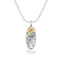 44897 - 14K Yellow Gold and Sterling Silver - Plumeria Ulu Scroll Pendant White Gold Necklace With Large Pendant For Anniversary, Formal Necklace With Polished Flower Pendant, Formal Flower Pendant Necklace With Polished Finish, Silver Filigree Necklace In 14k Gold, White Gold Necklace With Large Cross Pendant, Hallmarked Yellow Gold Flower Pendant Necklace, Yellow Gold Flower Pendant Necklace, Hallmarked White Gold Flower Pendant Necklace, Yellow Gold Flower Pendant Necklace With Polished Finish