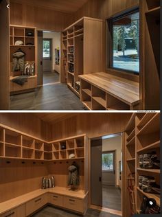 two pictures of the inside of a home with wooden shelves and built - in shoe storage