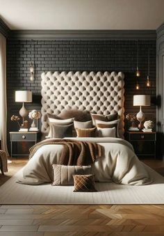 a bedroom with black brick walls, white bedding and brown accents on the headboard