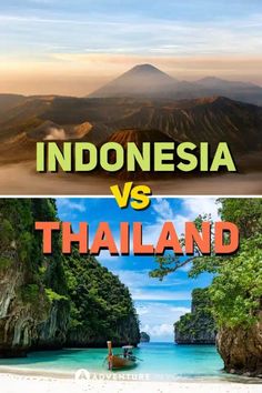 two pictures with the words indonesia and thailand in different languages, one has an island on it