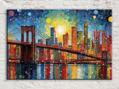 a painting on the wall of a building with a bridge in the background and city lights