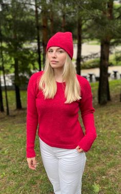 VERY SOFT ALPACA SILK SWEATER Made from 77% alpaca and 23% silk Sweater color on  the model no.7 red,  Size S You can  choose the color and Size. I created this soft and warm alpaca-silk pullover and knitted with home knitting machine. Elegant and simple model fits perfektly with jean's, skirts and dress. Perfekt for various time of season-for spring or summer time, for autumn and winter season. Looks best on XS, S, M, L and XL sizes. Please choose a color and size. If you have questions please Casual Red Mohair Sweater, Winter Mohair Knitted Tops, Winter Soft Knit Mohair Tops, Winter Alpaca Soft Knit Sweater, Cozy Winter Mohair Tops, Mohair Sweater With Soft Knit And Crew Neck, Winter Fine Knit Mohair Tops, Mohair Crew Neck Soft Knit Sweater, Soft Knit Mohair Crew Neck Sweater