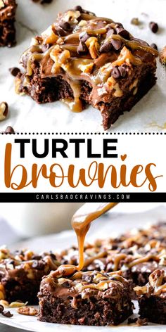 Indulge in Turtle Brownies, the perfect Christmas dessert idea for your holiday baking recipe! These brownies feature semi sweet chocolate chips, pecans, caramel sauce, and chocolate frosting. Treat yourself and your loved ones this season! Turtle Brownies Recipe, Turtle Fudge, Homemade Ganache, Love Desserts, Turtle Brownies, Tiramisu Dessert, Dessert Chocolate, Caramel Pecan, Brownies Recipe Easy