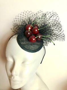 "Cherry festival- 1950's style- Ladies lunch hat- Tea party -Mad hatter- Derby day- Vintage style-Cherry hat Hello, These beautiful real looking cherries are on a straw 3\" circle with matching bird cage netting. Base and Netting colors: Black White Ivory Pink Red It's all on a skinny wearable headband that are new technology, bendable so there is no headache. Great quality and fits the head very well. ------------------------------------------- I am based in the New York metropolitan area, wher Handmade Summer Fascinator With Curved Brim, Vintage Costume Hats For Spring Party, Vintage Costume Hats And Headpieces For Spring Party, Adjustable Vintage Fascinator For Races, Spring Vintage Costume Hats And Headpieces For Party, Handmade Headpieces For Summer Parties, Handmade Summer Hat Headpiece, Retro Fascinator For Kentucky Derby Party, Summer Church Fascinator With Headband