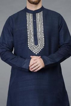 Shop for Talking Threads Blue Pure Matka Silk Asymmetric Kurta for Men Online at Aza Fashions Men Embroidery Kurta Design, Panjabi Design, Dawoodi Bohra, Junaid Khan, Navy Blue Kurta, Kurta Embroidery, Jodhpur Pants, Tilla Embroidery, Asymmetric Kurta