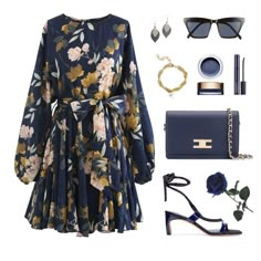 Aakaa Navy Blue Floral Print, Bubble Sleeve, Belted, Frilling Mini Dress. Size S. Very Soft Fabric. Dresses Modest Church, Dresses To Wear To A Church, Summer 2016 Outfits, Outfits With Skirt, Elegants Outfits, Outfits Ideas Winter, 2016 Outfits, Frill Mini Dress, Tumblr Outfits