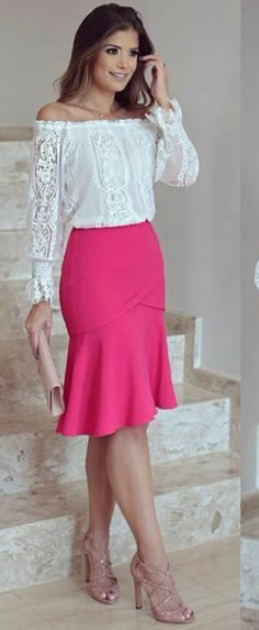 Find More at => http://feedproxy.google.com/~r/amazingoutfits/~3/TRpm7_3QMzo/AmazingOutfits.page Elegante Casual, Trending Fashion Outfits, Outfit Trends, Pink Skirt, Midi Skirts, Elegant Outfit, Womens Fashion Trends, Skirt Outfits