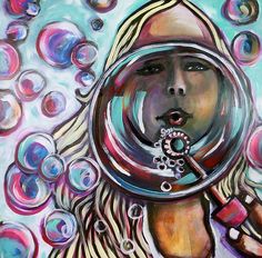 a painting of a woman holding a magnifying glass in front of her face