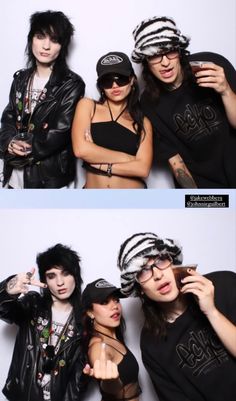 three different shots of people posing for the camera with their arms around each other and wearing hats