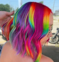 Rainbow Color Block Hair, Bright Rainbow Hair, Rainbow Hair With Bangs, Rainbow Shag Hair, Colourful Shag Hair, Rainbow Bangs, Orange Rainbow Hair, Dramatic Hair